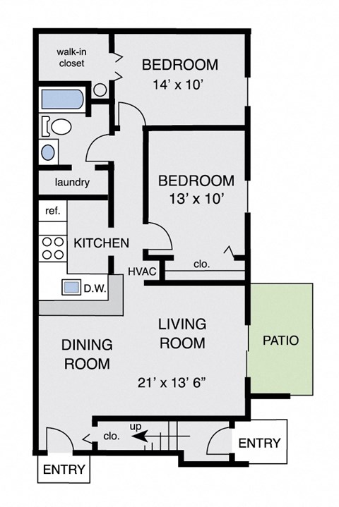 Floor plan for 2 beds, 1 bath, 926 sqft